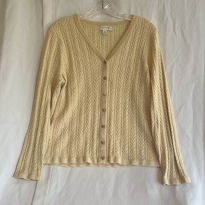 Appleseed’s button up gold metallic cableknit sweater